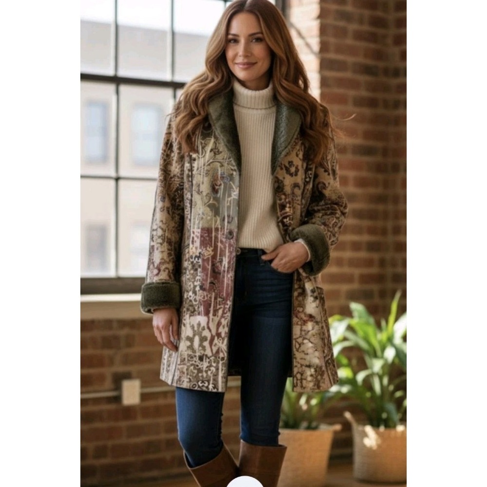 Chico's Women's Patchwork Faux Suede Coat Faux Fur Collar & Cuffs Size 1 (M)